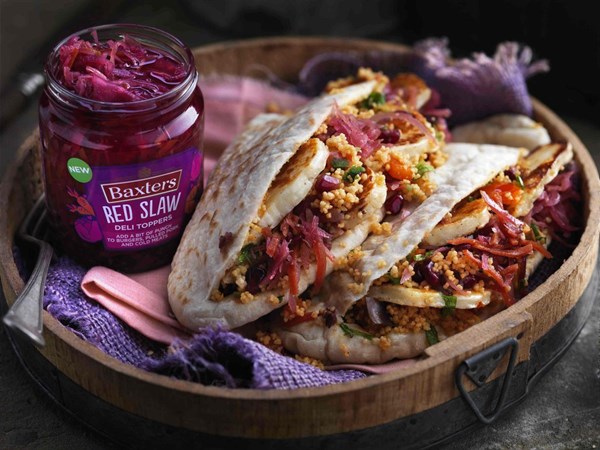 Mediterranean halloumi pittas with harissa and lemon couscous