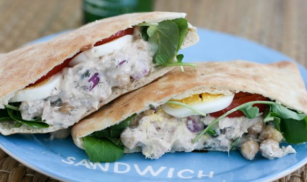 Mediterranean-inspired tuna chickpea salad pita sandwiches