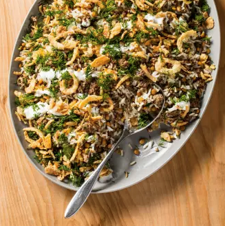 Mediterranean rice and lentils with spiced beef and crispy onions