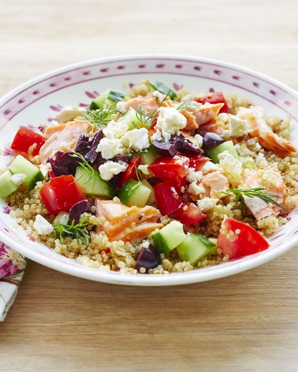 Mediterranean salmon-veggie grain bowl