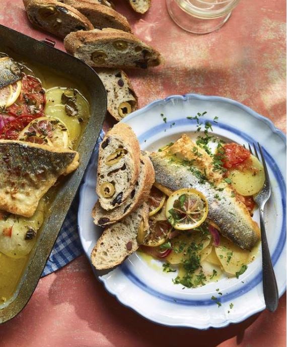 Mediterranean sea bass & potato bake