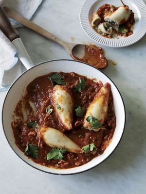 Mediterranean squid stuffed with white bean puree and olives