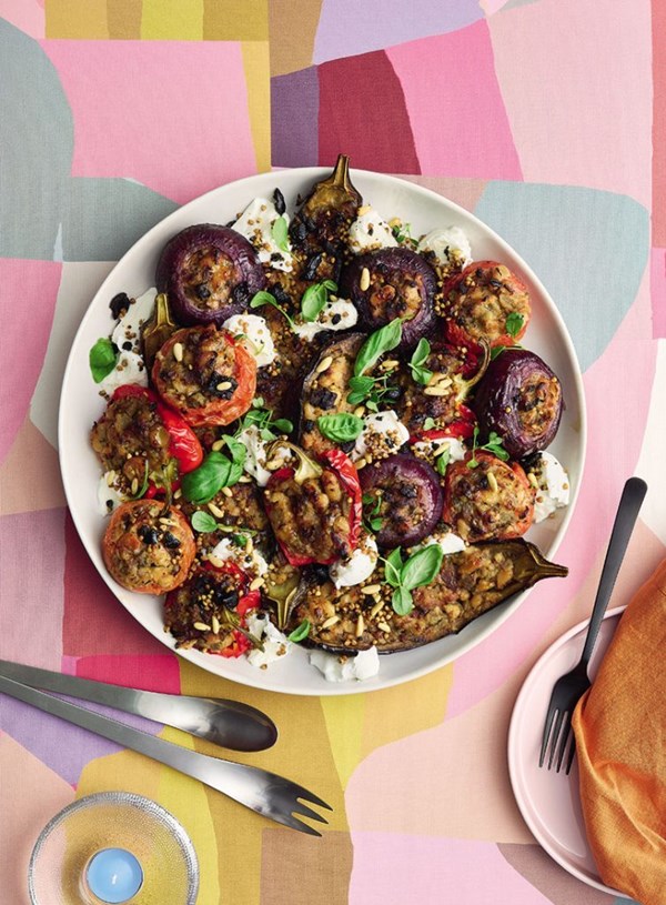 Mediterranean stuffed vegetables with roasted buckwheat & olives