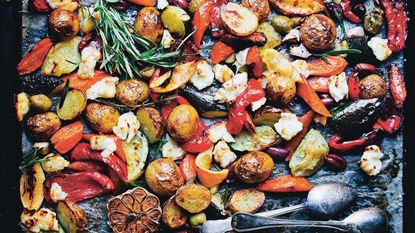 Mediterranean tray-bake with halloumi chunks