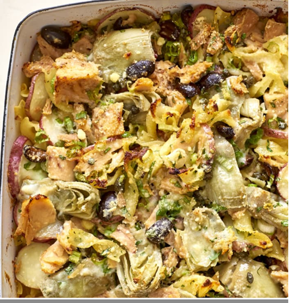 Mediterranean tuna casserole with olives and capers