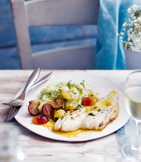 Megrim sole with grape dressing and roast garlic & potato purée