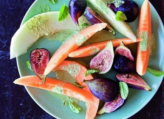 Melon & fig salad with basil cream