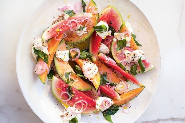 Melon and buffalo mozzarella salad with kasha and curry leaves