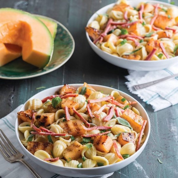 Melon and crispy country ham pasta salad