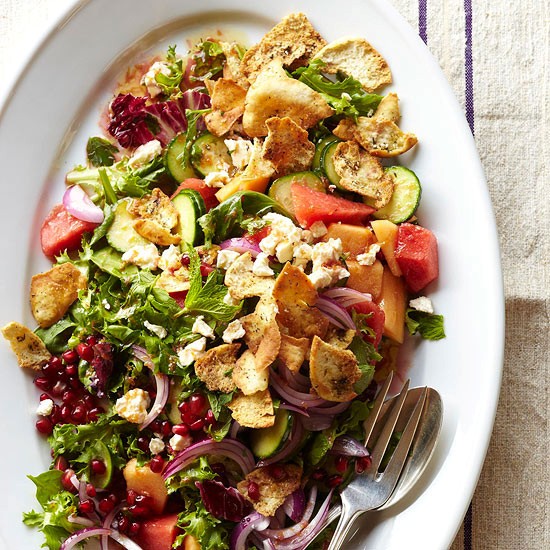 Melon and herb bread salad