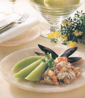 Melon and seafood sesame salad