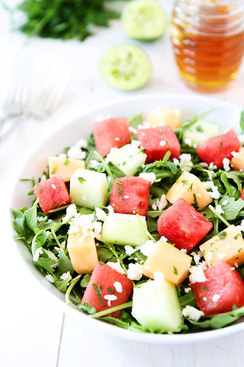 Melon arugula salad with honey lime dressing