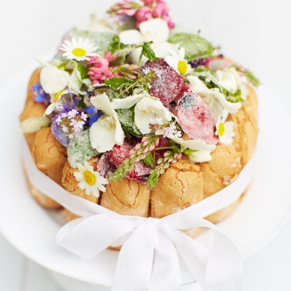Melon charlotte with crystallized flowers (Charlotte aux herbes et fleurs de Provence)