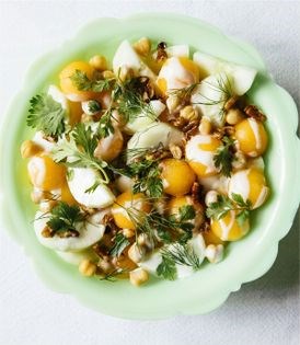 Melon, cucumber + chickpea salad