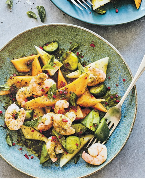 Melon, cucumber & prawn salad