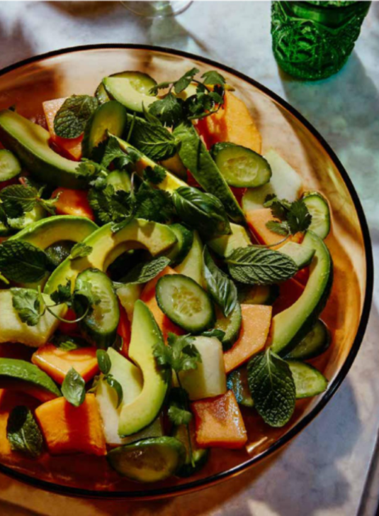 Melon, cucumber, and avocado salad