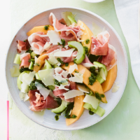 Melon, cucumber and Parma ham salad with basil vinaigrette