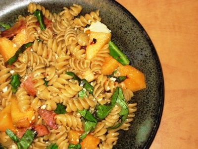 Melon madness pasta with bacon and feta