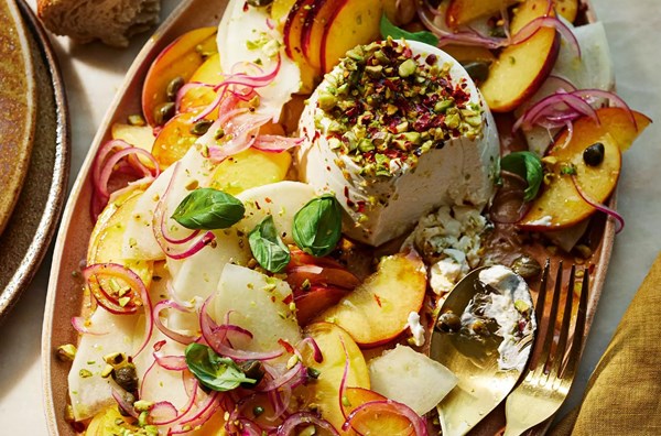 Melon, peach & pistachio ricotta salad