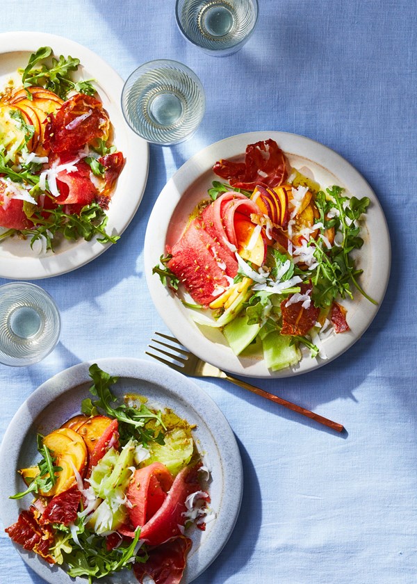 Melon, peach and prosciutto salad