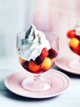 Melon salad with musk and raspberry whipped yoghurt