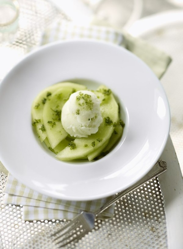 Melon sherbet with melon and herb sugar
