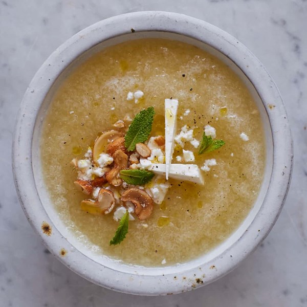 Melon soup with feta, mint and cashew nuts