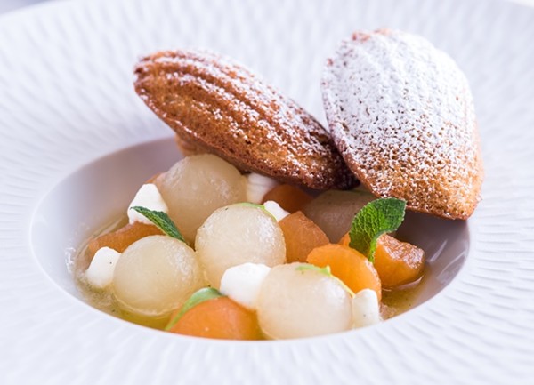 Melon soup with mint, lime and warm madeleines