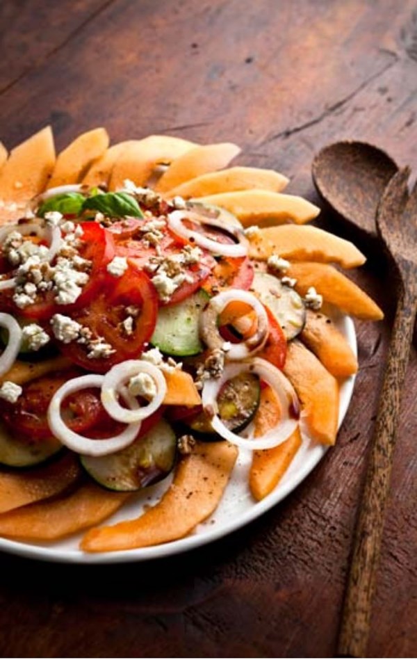 Melon, tomato & onion salad with goat cheese [Marie Simmons]