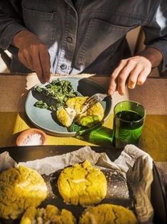 Melt in the middle potato cakes with mustardy greens