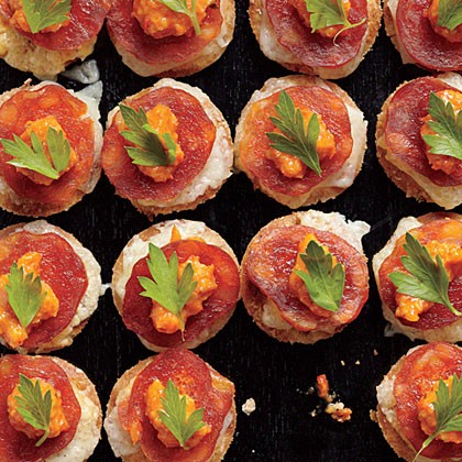 Melted Manchego tortas with Romesco and chorizo