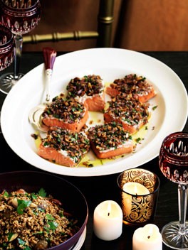Melting salmon in fragrant salt, tarator style