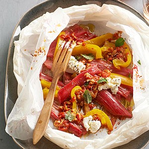 Melty rhubarb, goat cheese, and peppers