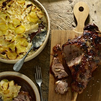 Membrillo-glazed lamb with potato, celeriac & chestnut gratin