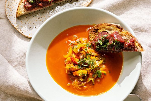 Menorcan vegetable soup with fig jam-topped toast (Oliaigua)