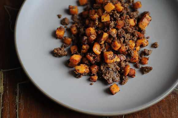 Merguez and sweet potato hash