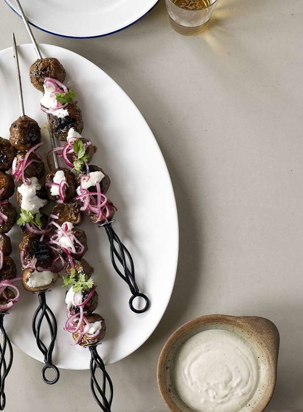 Merguez sausage and eggplant kebabs with pomegranate dressing