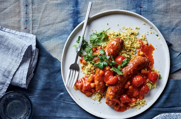Merguez sausage bake with Moroccan couscous