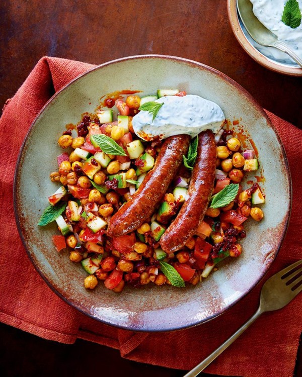 Merguez sausages with crispy chickpeas and preserved lemon yogurt 