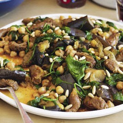 Merguez with eggplant, chickpeas and spinach