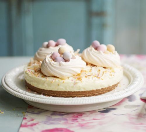 Meringue nest cheesecake with mini eggs
