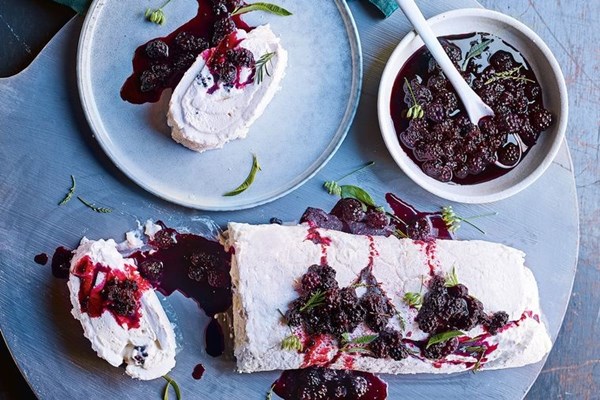 Meringue roulade with lemon verbena cream