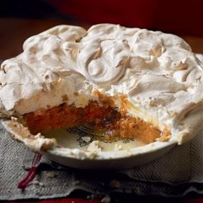 Meringue-topped spiced chestnut and pumpkin pie