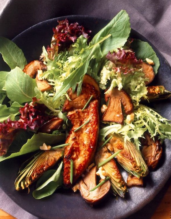 Mesclun salad with porcini, artichokes, and foie gras