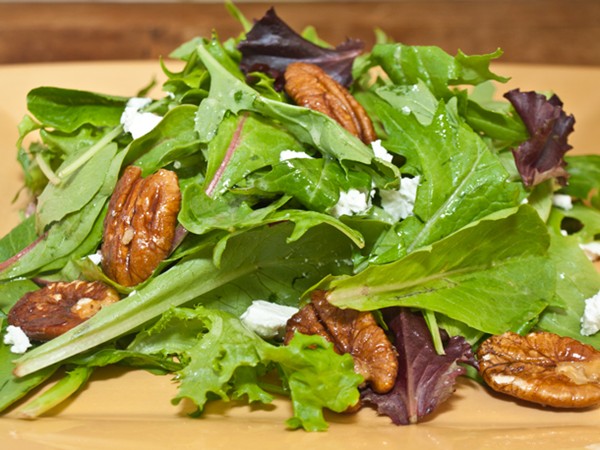 Mesclun with glazed pecans, goat cheese and Dijon-mustard vinaigrette
