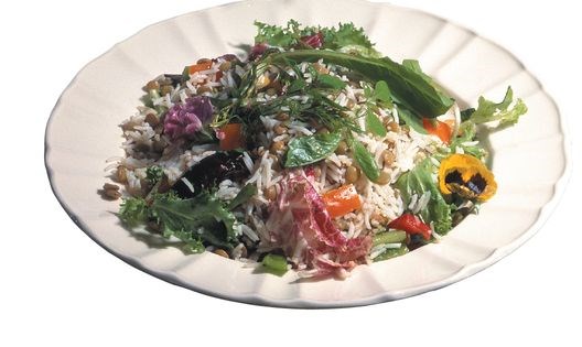 Mesopotamian rice salad with green lentils, dates, & raisins