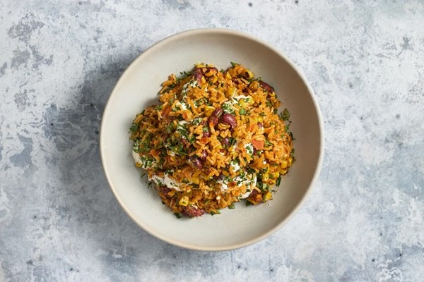 Mexican arroz rojo with charred corn and chipotle black beans