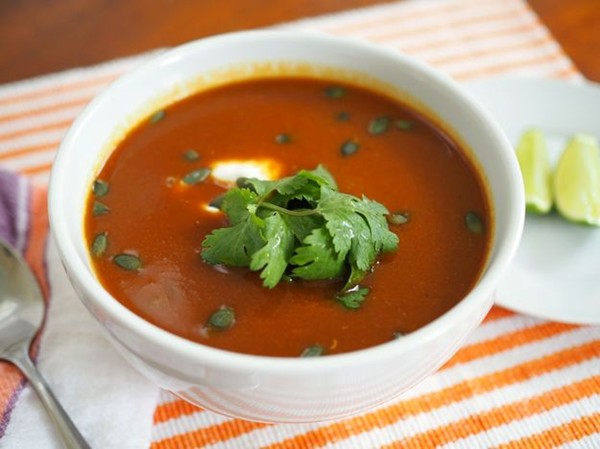 Mexican butternut squash soup with ancho chili, crema, and pepitas