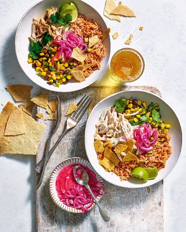 Mexican chicken and red rice burrito bowls 