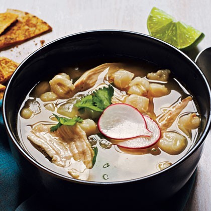 Mexican chicken-hominy soup